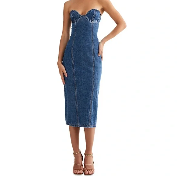 Lioness Strapless Denim Midi Dress in Blue - Picture 2 of 14